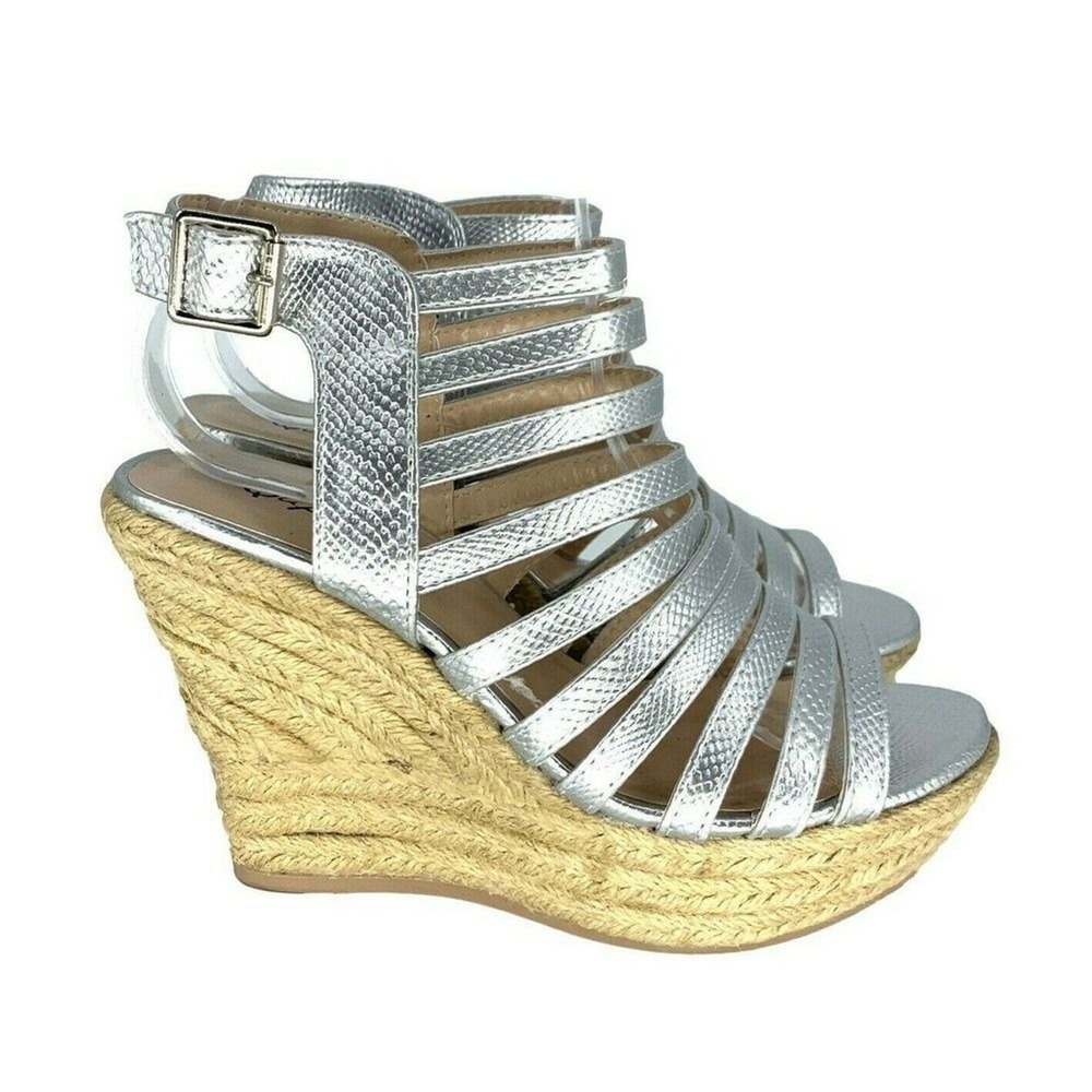 QUPID Cage Open Toe Wedges Sandals Slingback Heels Silver Size 7.5 Rattan Wicker
